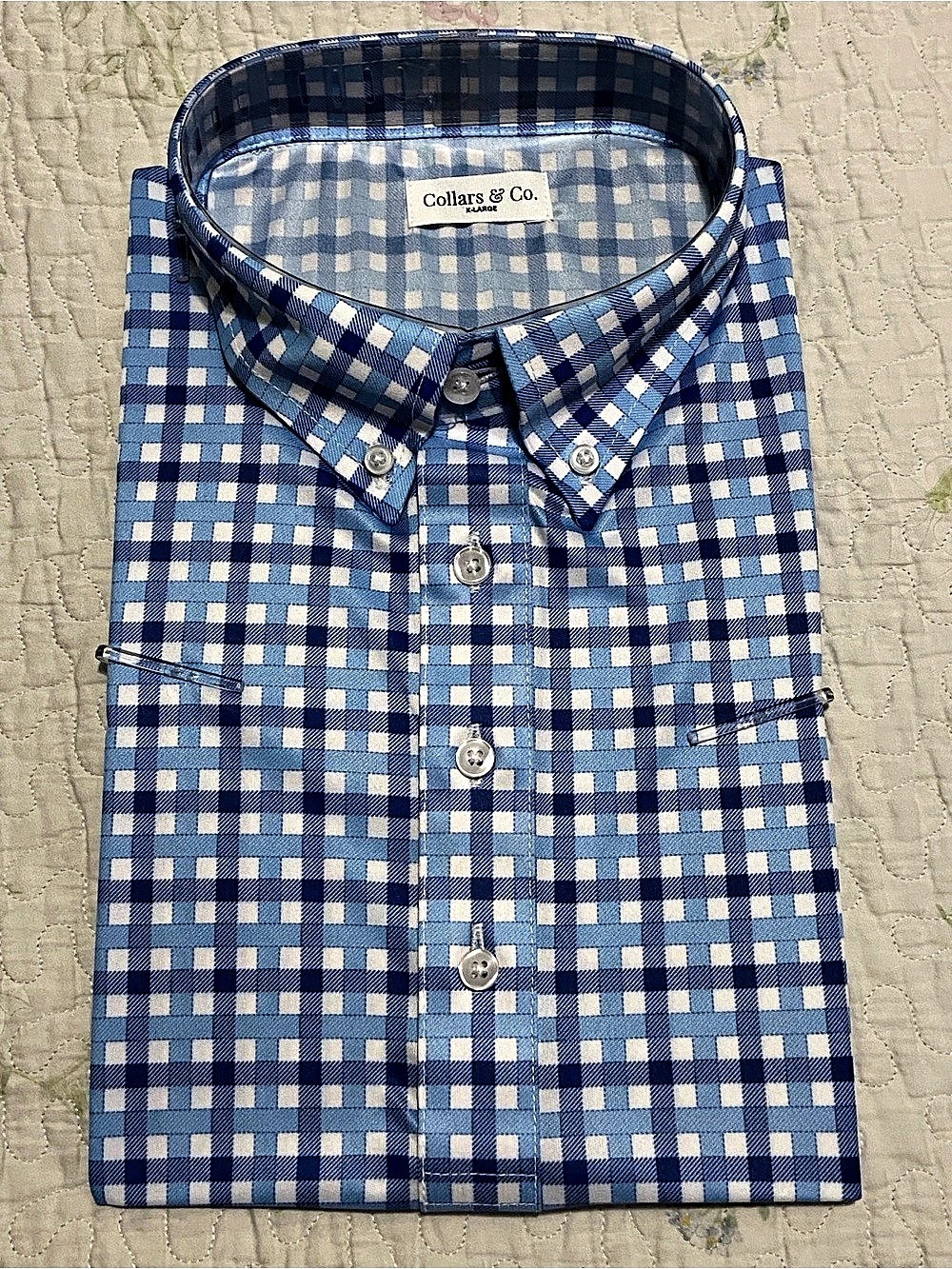 Collars & Co. Dress Collar Polo. Men's Gingham Blue & White XL